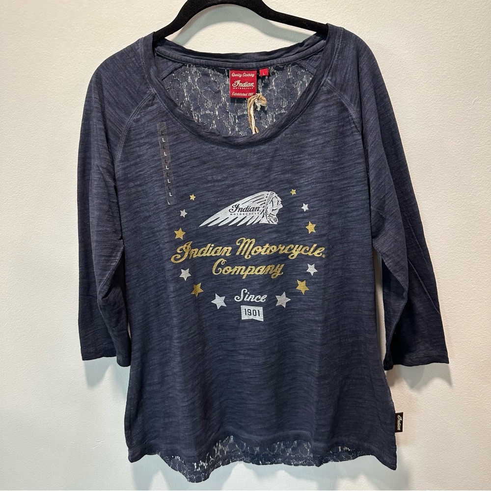 Indian Motorcycle Biker Logo Lace Back 3/4 Sleeve Top Womens Size Large
